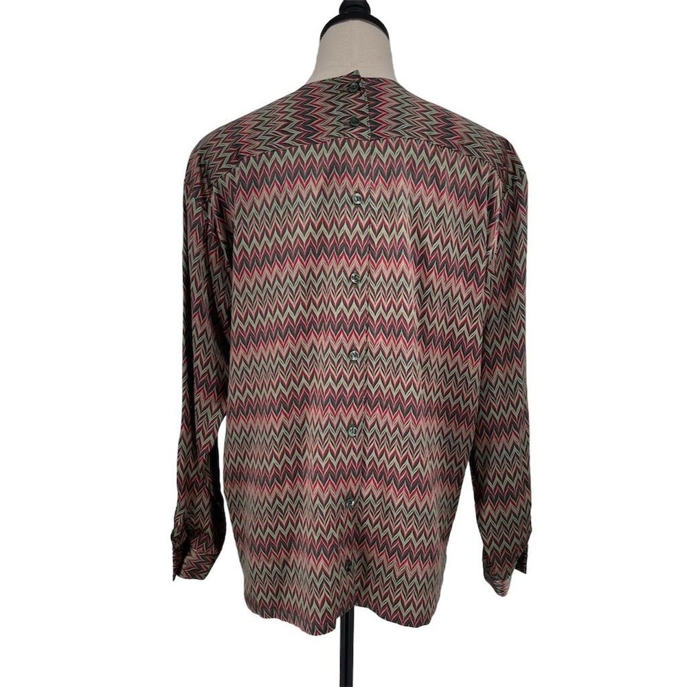 Ernst Strauss Womens Size 10 M Green Red Geometric Herringbone‎ Silk Blouse - Picture 6 of 10